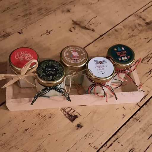 Lot de 5 mini bougies festives avec plateau en bois
